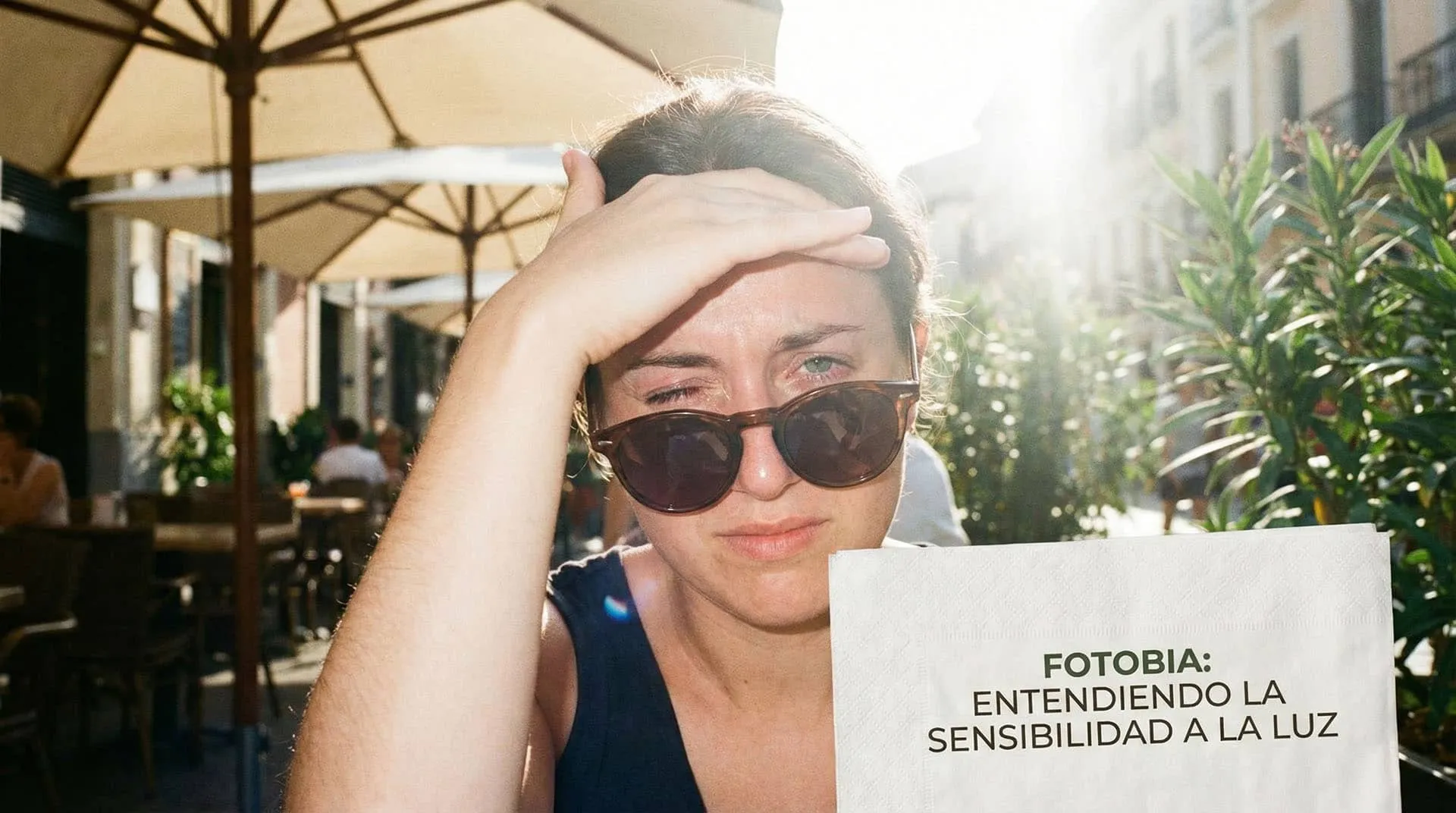 Persona con ojos cerrados protegiéndose de una luz brillante, ilustrando los síntomas de la fotofobia.